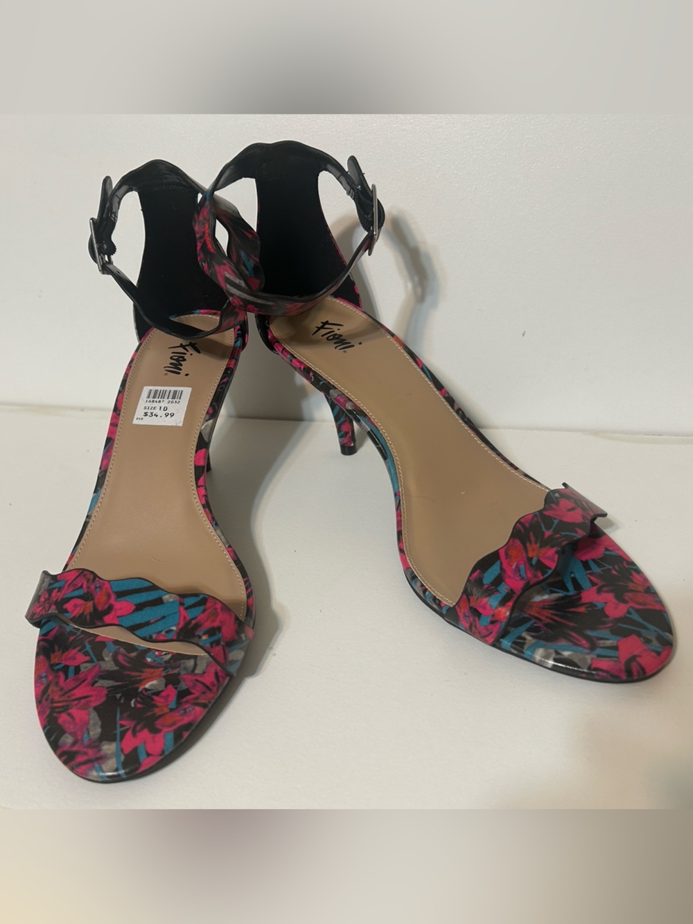 NWOT Fioni Floral Tropical Ankle-Strap Sandals Vibrant Pink, Blue, Black Size 10